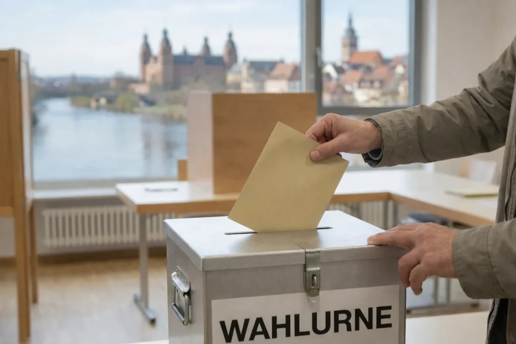 Person wirft Stimmzettel bei der Kommunalwahl Aschaffenburg 2026 in eine Wahlurne