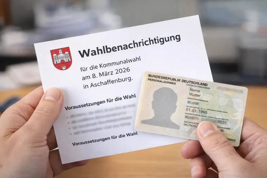 Wahlbenachrichtigung zur Kommunalwahl 2026 in Aschaffenburg neben einem Personalausweis